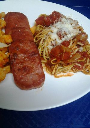 A picture of Zucchini spaghetti with hickory smoked spam.