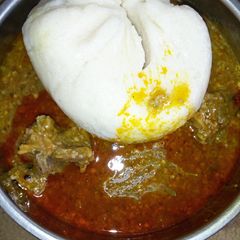 A picture of Semo with fried okro soup.