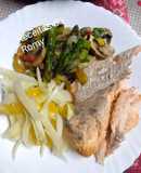 Salmão assado com Legumes salteados e Salada de Funcho e Laranja