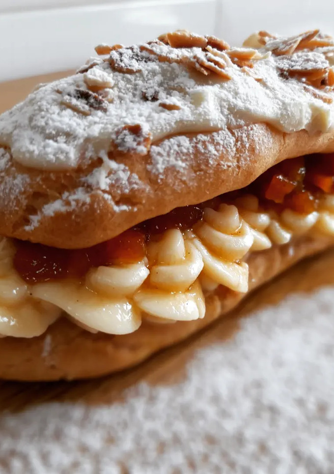 Una foto de Eclairs sin gluten de crema y albaricoque con chocolate blanco
