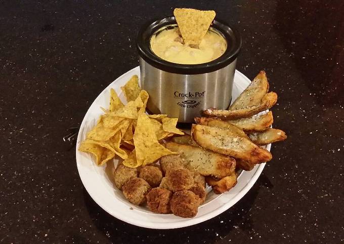 Potato Skin Dippers with Sausage Cheese Dip with Chips and Meatballs