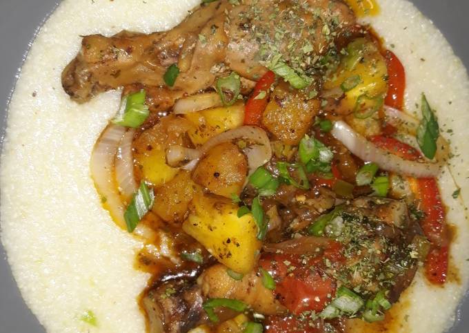 Sweet & Spicy Pineapple chicken legs on grits