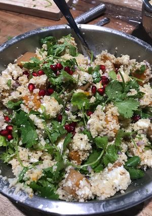 A picture of Butternut squash, feta, pomegranate salad.