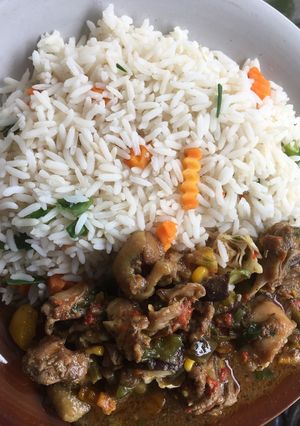 A picture of Chicken Bouillon sauce paired with white rice.