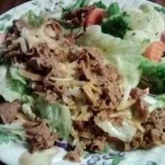 A picture of Cheese steak on lettuce bed.