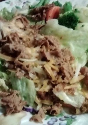 A picture of Cheese steak on lettuce bed.