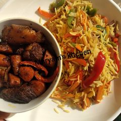 A picture of Stir fried vegetable rice and pan grilled beef.