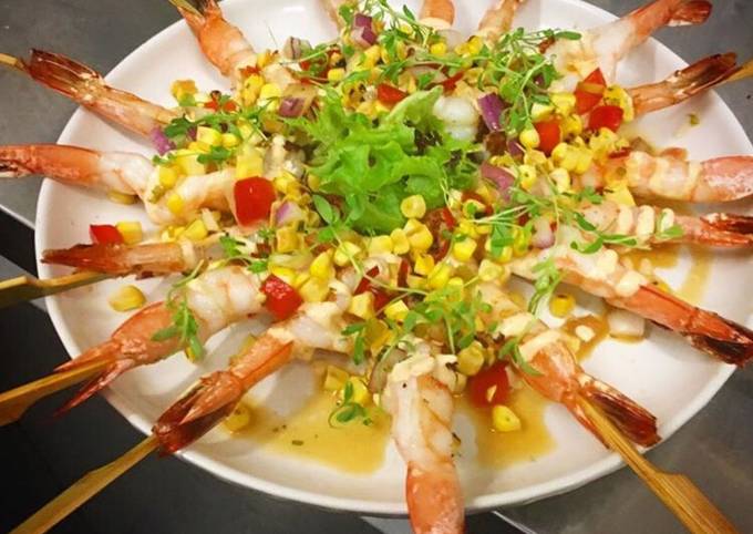 Prawns skewers with Lime and tequila corn salsa