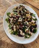Spring greens, air fried cauliflower and beetroot salad with tahini dressing