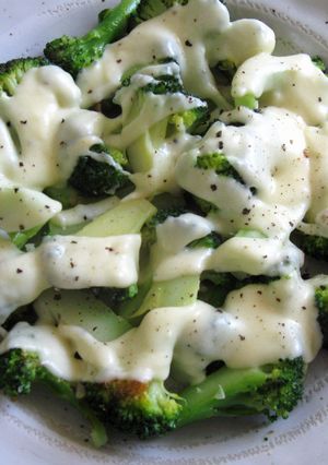 A picture of Pan-fried Broccoli with Cheesy Sauce.