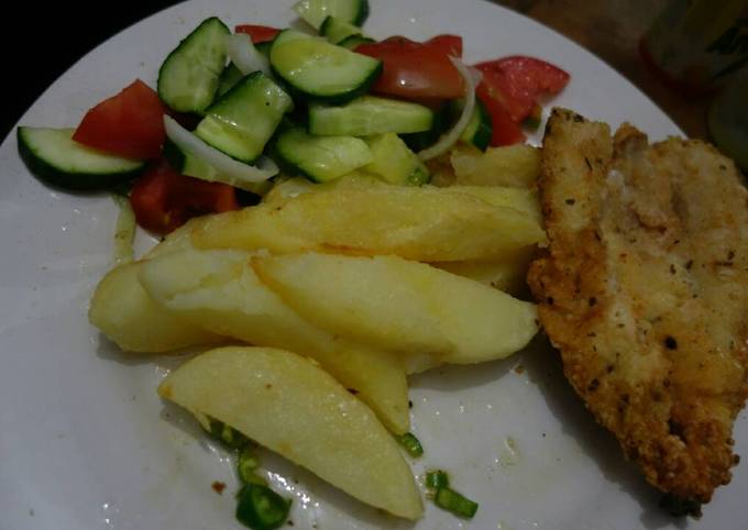 Fish and chips with cucumber salad