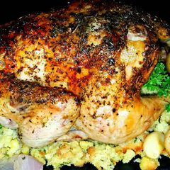 A picture of Mike's 40 Clove Baked Garlic Stuffed Game Hens & Veggies.