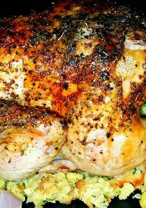 A picture of Mike's 40 Clove Baked Garlic Stuffed Game Hens & Veggies.