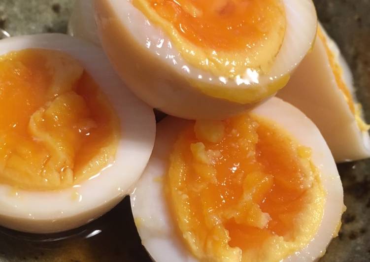 Soft boiled eggs marinated in soy sauce and mirin
