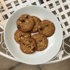 Vegan chocolate chip & hazelnut cookies A picture of Vegan chocolate chip & hazelnut cookies.