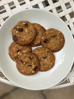 A picture of Vegan chocolate chip & hazelnut cookies.