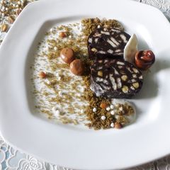 Pistachio and chocolate Salami A picture of Pistachio and chocolate Salami.
