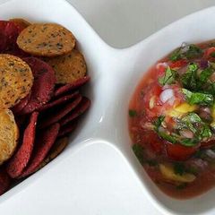 A picture of Raw mango salsa with baked beetroot & spinach mathri.
