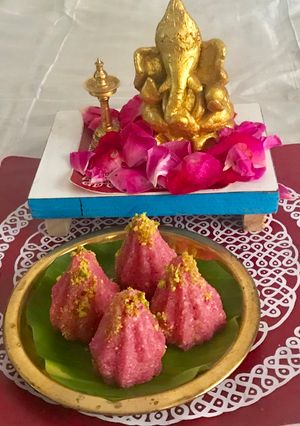 A picture of Coconut rose modak.
