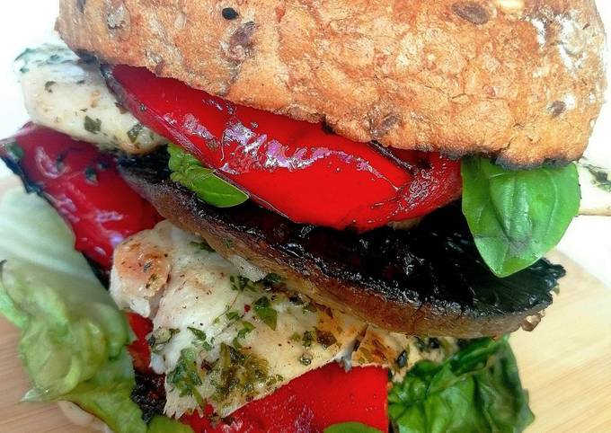 Recipe of Award-winning Chicken burger/roasted red pepper/balsamic portobello mushroom