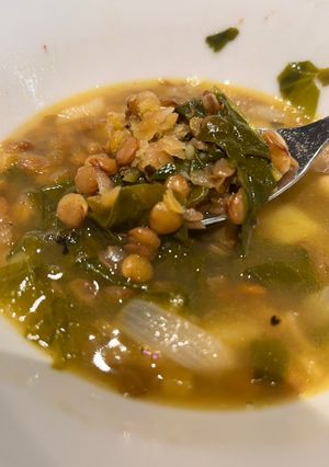 A picture of Lebanese style lemony brown lentil, potato and spinach soup.
