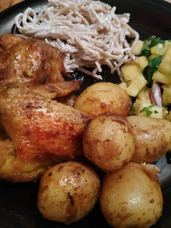Receta Alitas de Pollo con Papas a la Mostaza / Ensalada de Piña Picate  que Muy delicioso