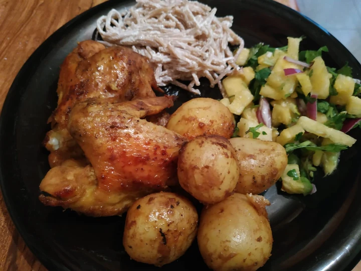 Receta Alitas de Pollo con Papas a la Mostaza / Ensalada de Piña Picate  que Muy delicioso