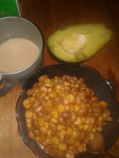 A picture of #Localfood-Eldoret. Muthokoi/Avocado/tea.