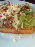 Tiger bread toast with roast beef and tomatoes