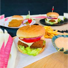 A picture of Paneer Burger with Smoked Mayonnaise.
