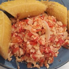 A picture of Boiled plantain with egg sauce.