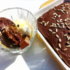 A picture of Choc-banana sponge with sunflower seeds topping.