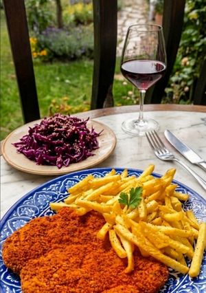 Zdjęcie przepisu Filet drobiowy w kwiecie lotosu Hung-Liu z frytkami, surówką z czerwonej kapusty.