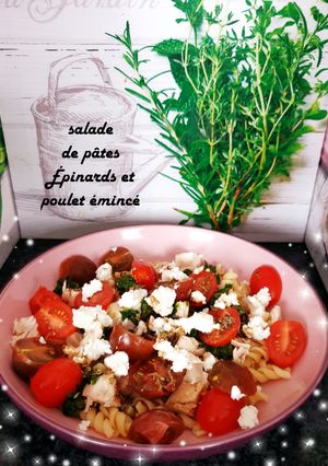 Une photo de Salade de pâtes aux épinards et émincé de poulet 😋