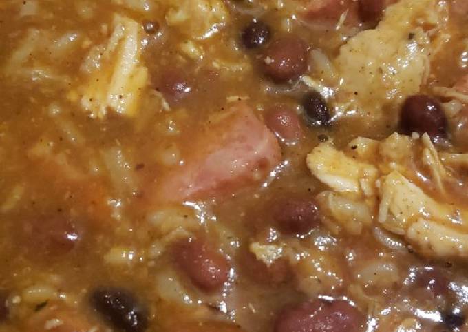 Rice and beans with smoked sausage and shredded chicken