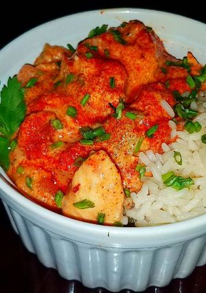 A picture of Mike's Hungarian Chicken Paprikash Over Rice.