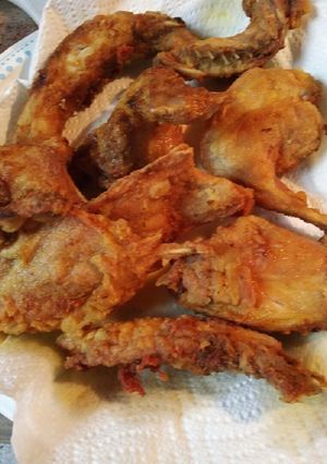 A picture of Fried Rabbit in a cast iron skillet.