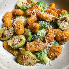 A picture of Pan-fried Garlic Butter Brussels Sprouts & Gnocchi.
