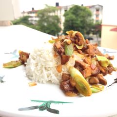 A picture of Spicy Roasted Pork With Leeks On Rice.