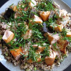 Grilled Salmon & Mixed Grains With Edamame A picture of Grilled Salmon & Mixed Grains With Edamame.