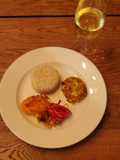 Crab cakes with rice and sautéed veggies