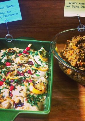 A picture of Chicken with roasted lemon, capers and fresh cranberries.