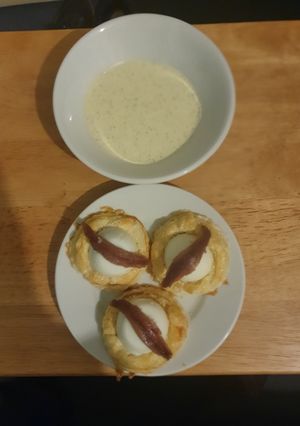 A picture of Hard boiled Eggs Anchovies Vol-au-vents.