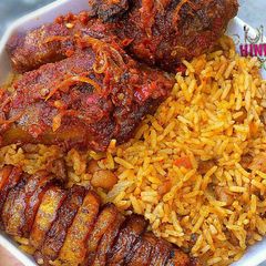 A picture of Jollof rice and beans.