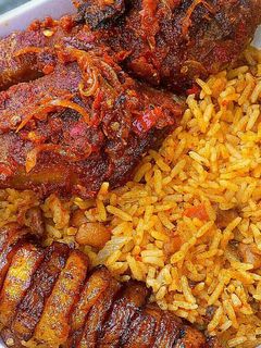 A picture of Jollof rice and beans.