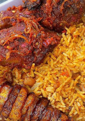 A picture of Jollof rice and beans.
