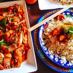 SWEET CHILLI CHICKEN STIR-FRY With REDHOT FRIED RICE A picture of SWEET CHILLI CHICKEN STIR-FRY With REDHOT FRIED RICE.