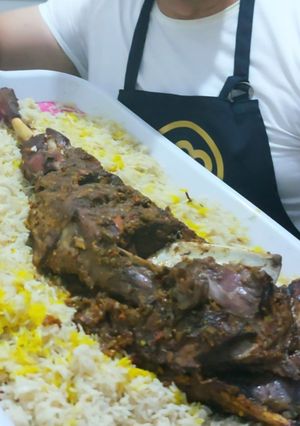 صورة لوصفة فخدة جدي كاملة (ربع جدي) مع الارز البسمتي والدقوس 😋