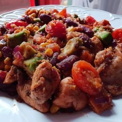 A picture of Mexican Honey-Lime Chicken Sweet Potato and Red Bean skillet.