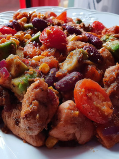 A picture of Mexican Honey-Lime Chicken Sweet Potato and Red Bean skillet.